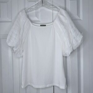 PLEIONE Anthropologie White Bubble Sleeve Top Blouse L Puff Short Sleeve